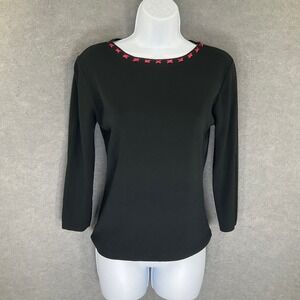 FINITY Top Sz M Black Ribbed Knit 3/4 Sleeve Red Ribbon Trim Boat Neck Vintage